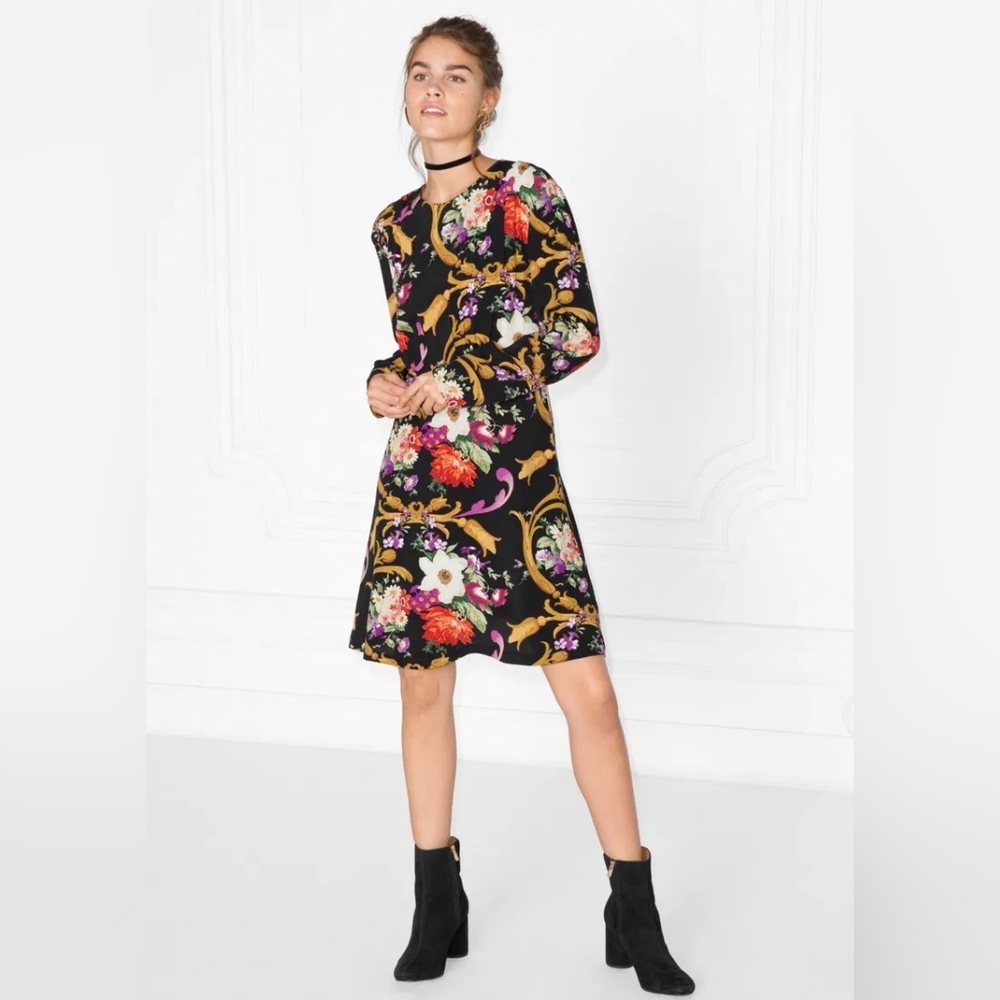 & Other Stories Paris Atelier Baroque Floral Print Black Mini Dress Size US 6
